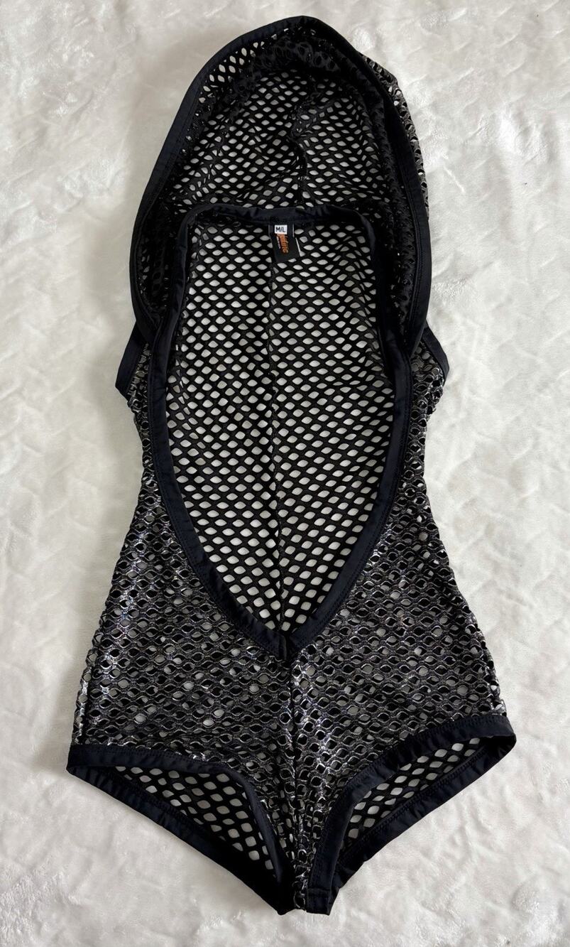 J Valentine Dolls Kill Size M/L Hooded Metallic Black Mesh Romper Festival Rave